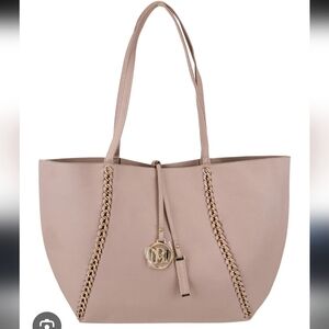 NWT $139 Badgley Mischka Large Chain Tote Bag Taupe Gold Vegan Leather